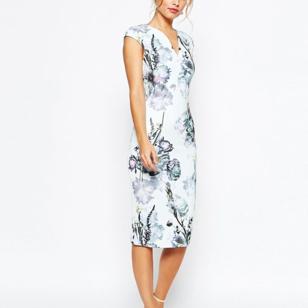 Ted Baker Bavaria Floral Midi Dress with Matching Shawl - Light Blue, Size 3 (US